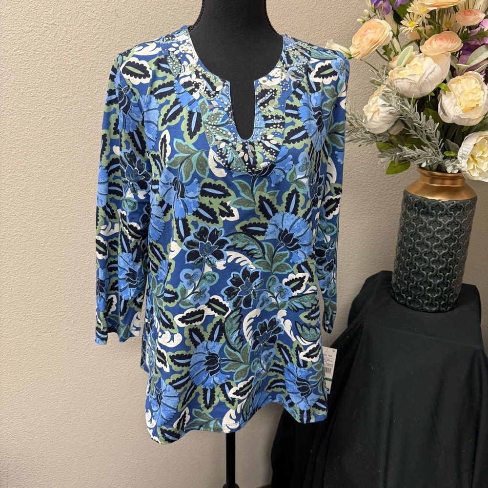 NWT Ruby Rd. Blue Floral Print Beaded Tunic Top L 3/4 Sleeve Cotton Blend Resort - Picture 1 of 11